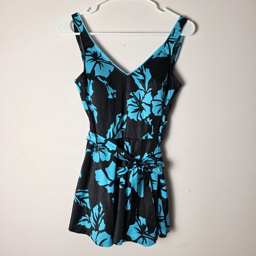 Vintage 80s Hawaiian Floral Swimsuit Union Made USA Low Back Pin Up Tropical